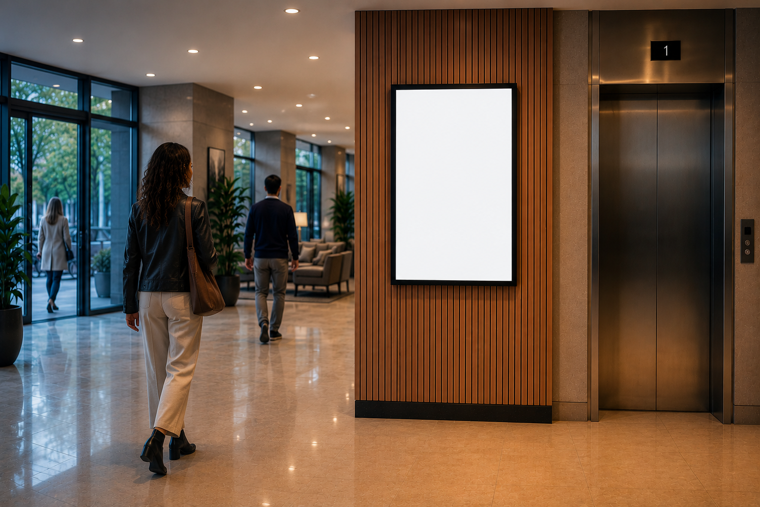 Pantalla digital en lobby de edificio